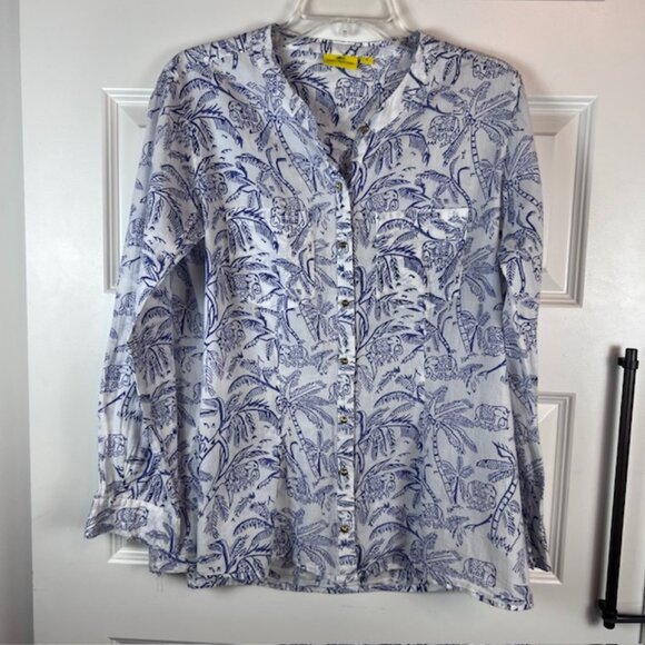 Roberta Roller Rabbit Blue White Palm Elephant Print Button Front Blouse Medium - Picture 3 of 8